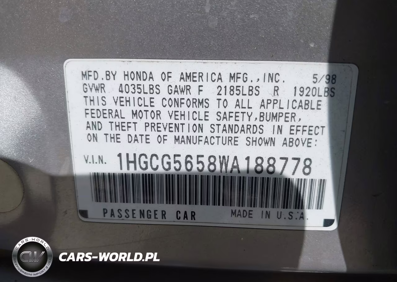 1998 Honda Accord Ex VIN:1HGCG5658WA188778 - 9