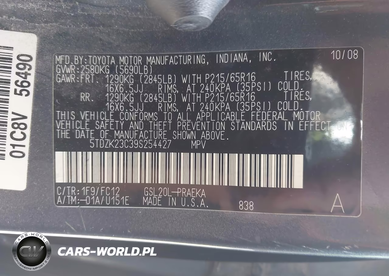 2009 Toyota Sienna Le VIN:5TDZK23C39S254427 - 9