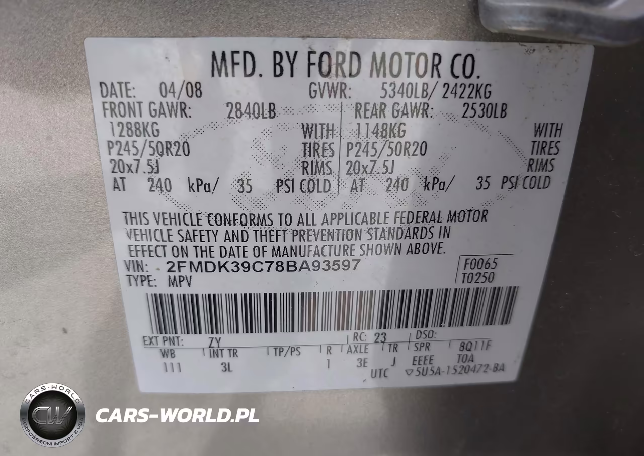 2008 Ford Edge Limited VIN:2FMDK39C78BA93597 - 9