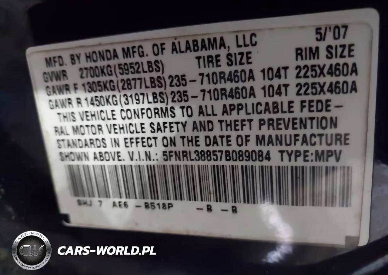 2007 Honda Odyssey Touring VIN:5FNRL38857B089084 - 9