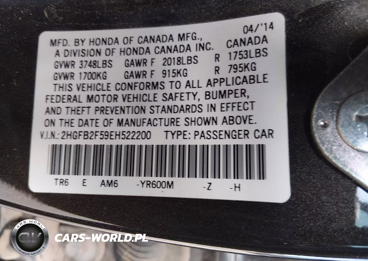 2014 Honda Civic Lx VIN:2HGFB2F59EH522200 - 9