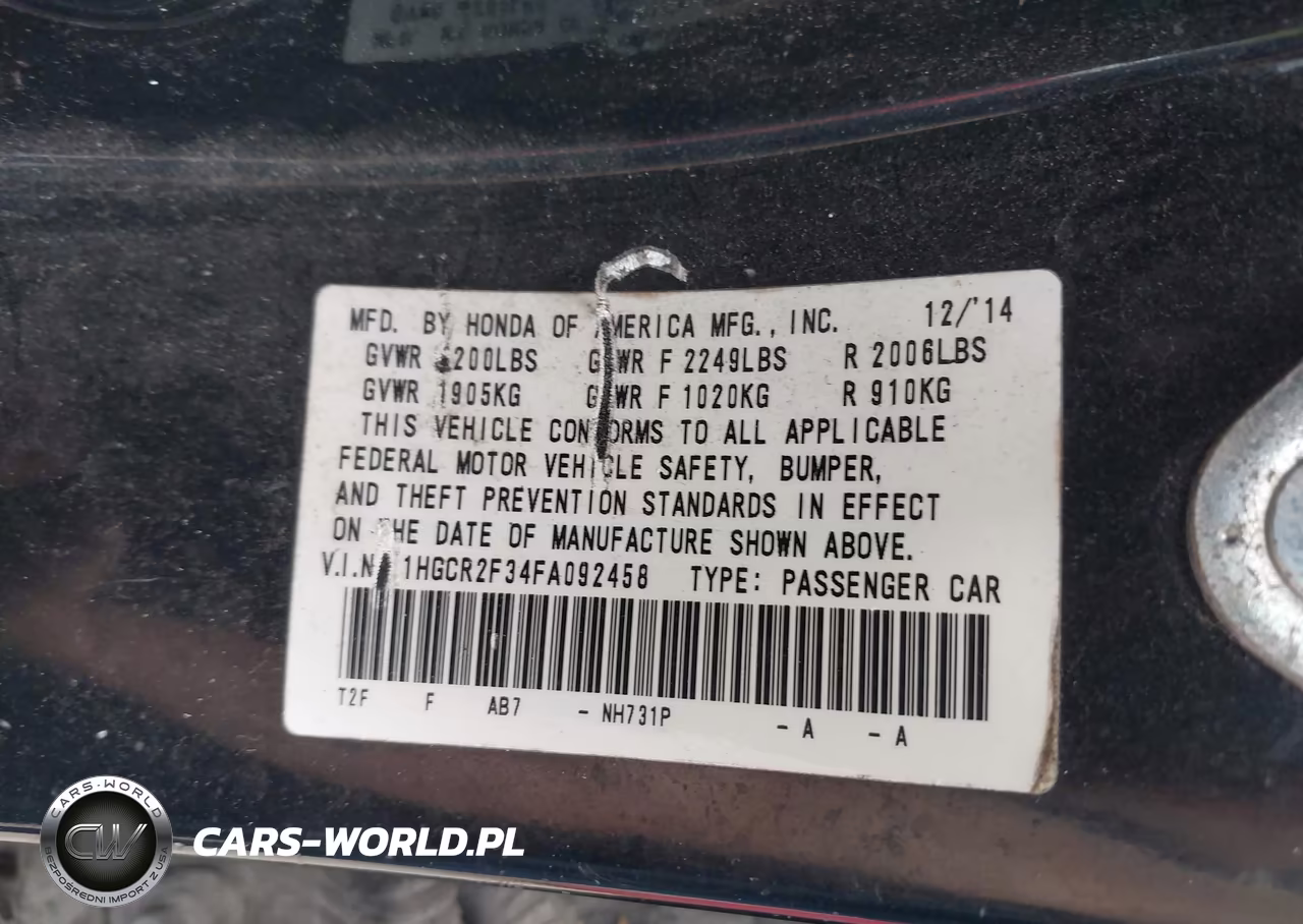 2015 Honda Accord Lx VIN:1HGCR2F34FA092458 - 9