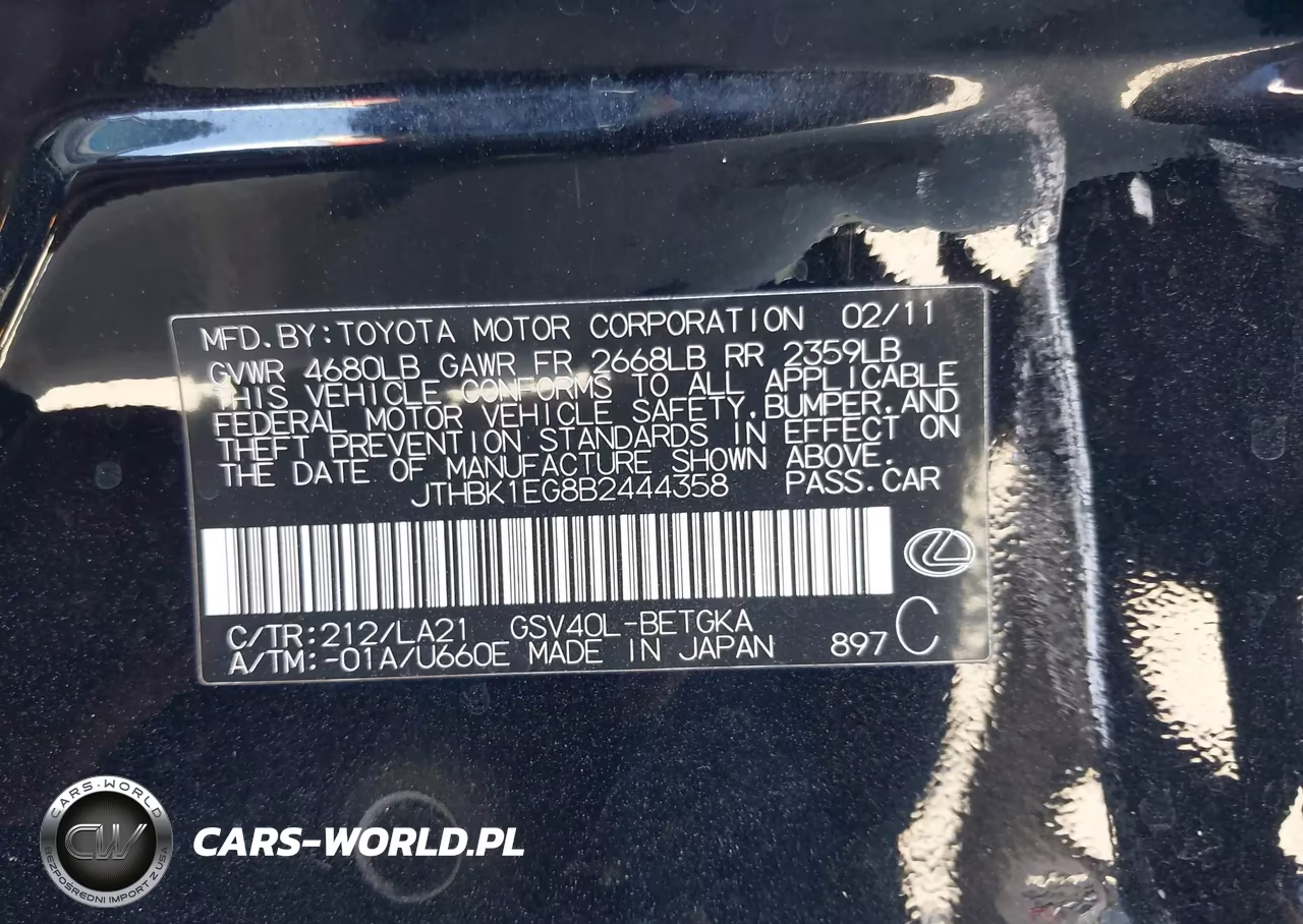 2011 Lexus Es 350 VIN:JTHBK1EG8B2444358 - 9