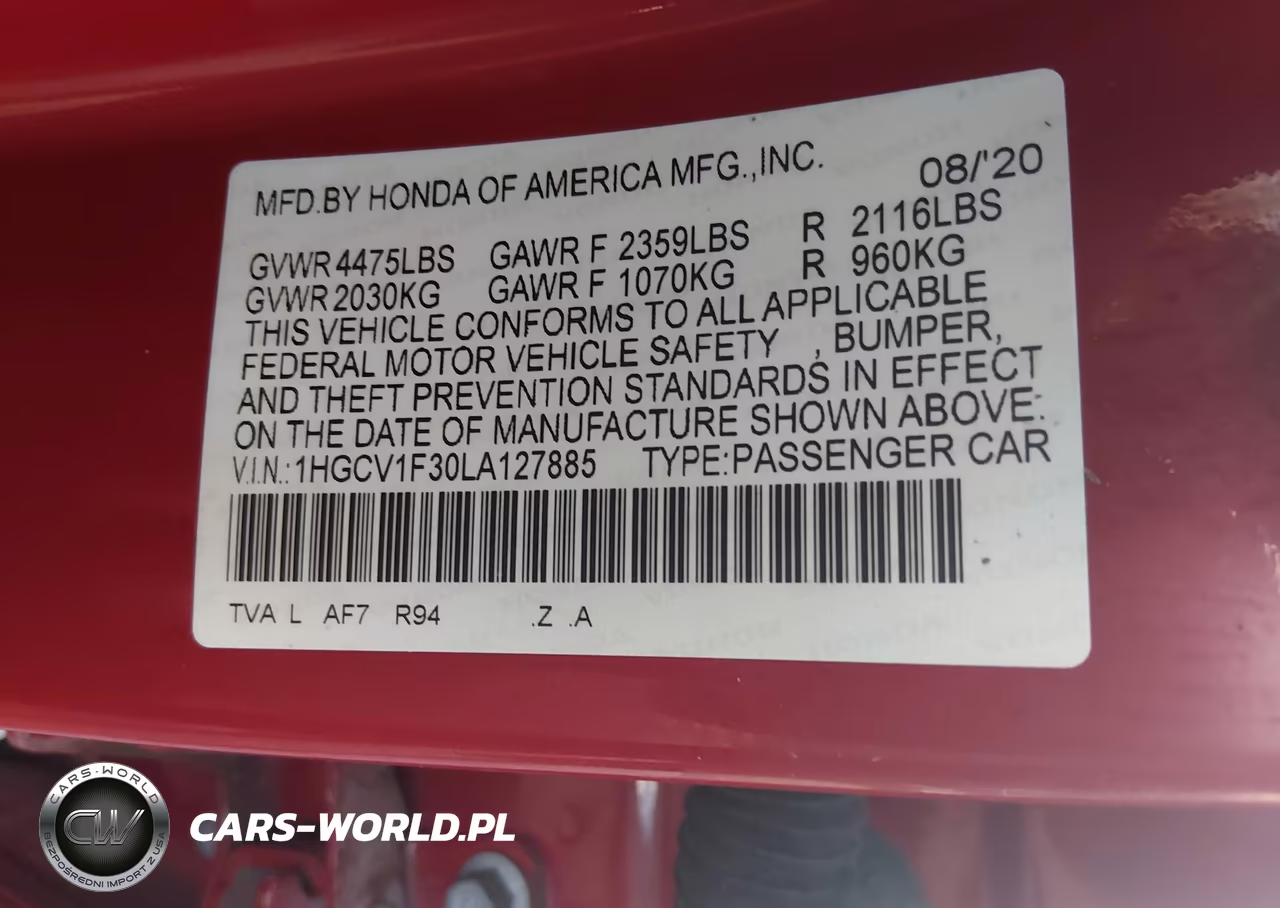 2020 Honda Accord Sport VIN:1HGCV1F30LA127885 - 9