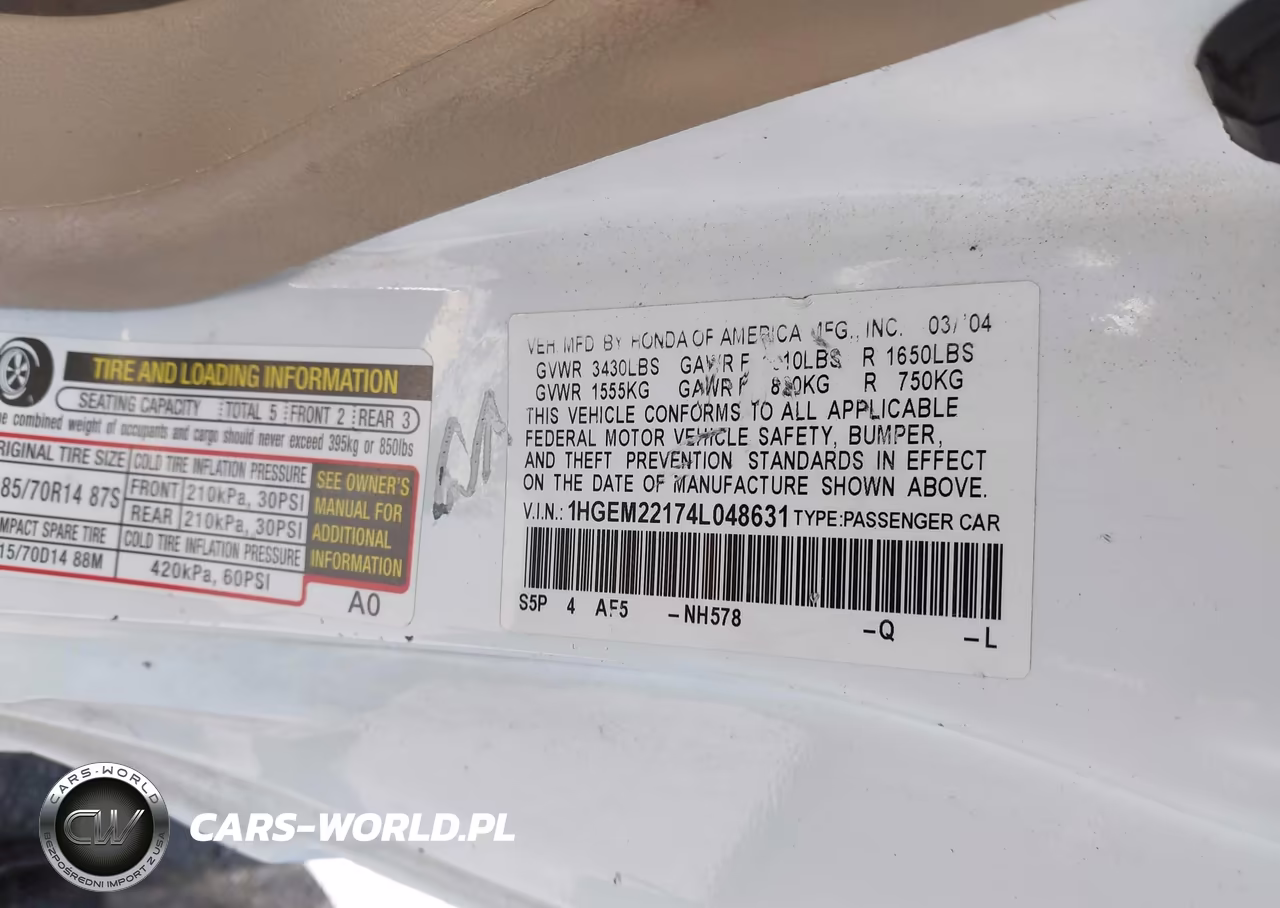 2004 Honda Civic Vp VIN:1HGEM22174L048631 - 9