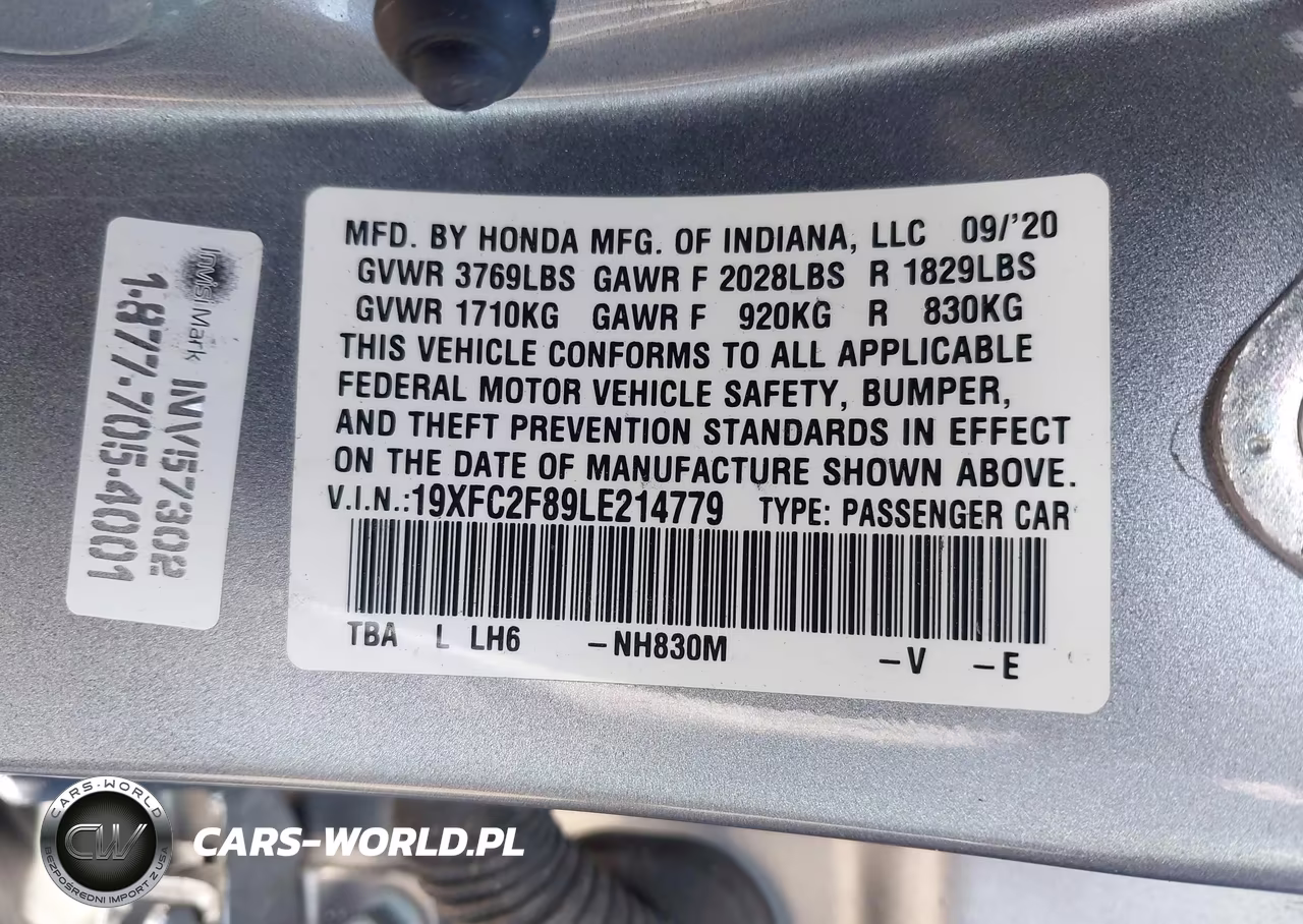 2020 Honda Civic Sport VIN:19XFC2F89LE214779 - 9