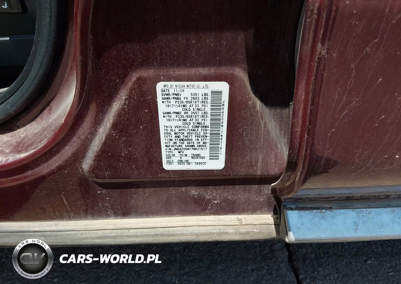 2007 Nissan Murano Se VIN:JN8AZ08W17W621617 - 7