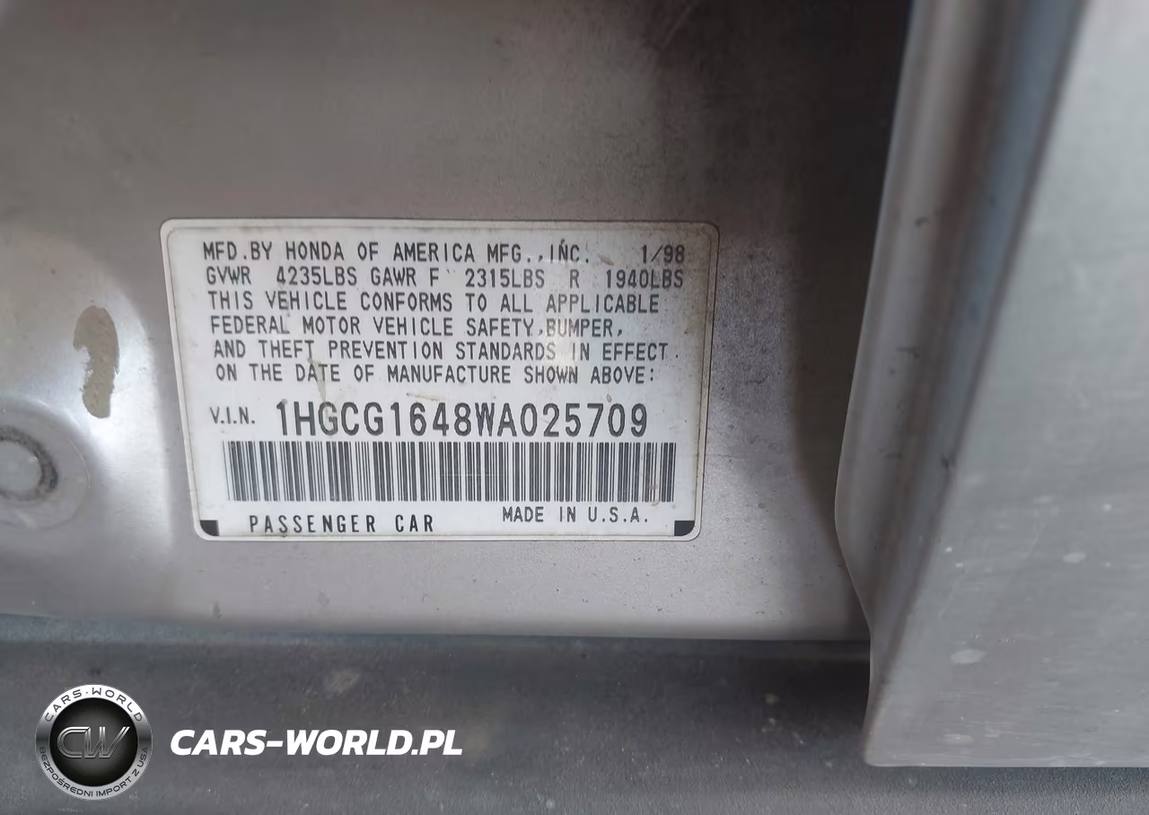 1998 Honda Accord Lx V6 VIN:1HGCG1648WA025709 - 9