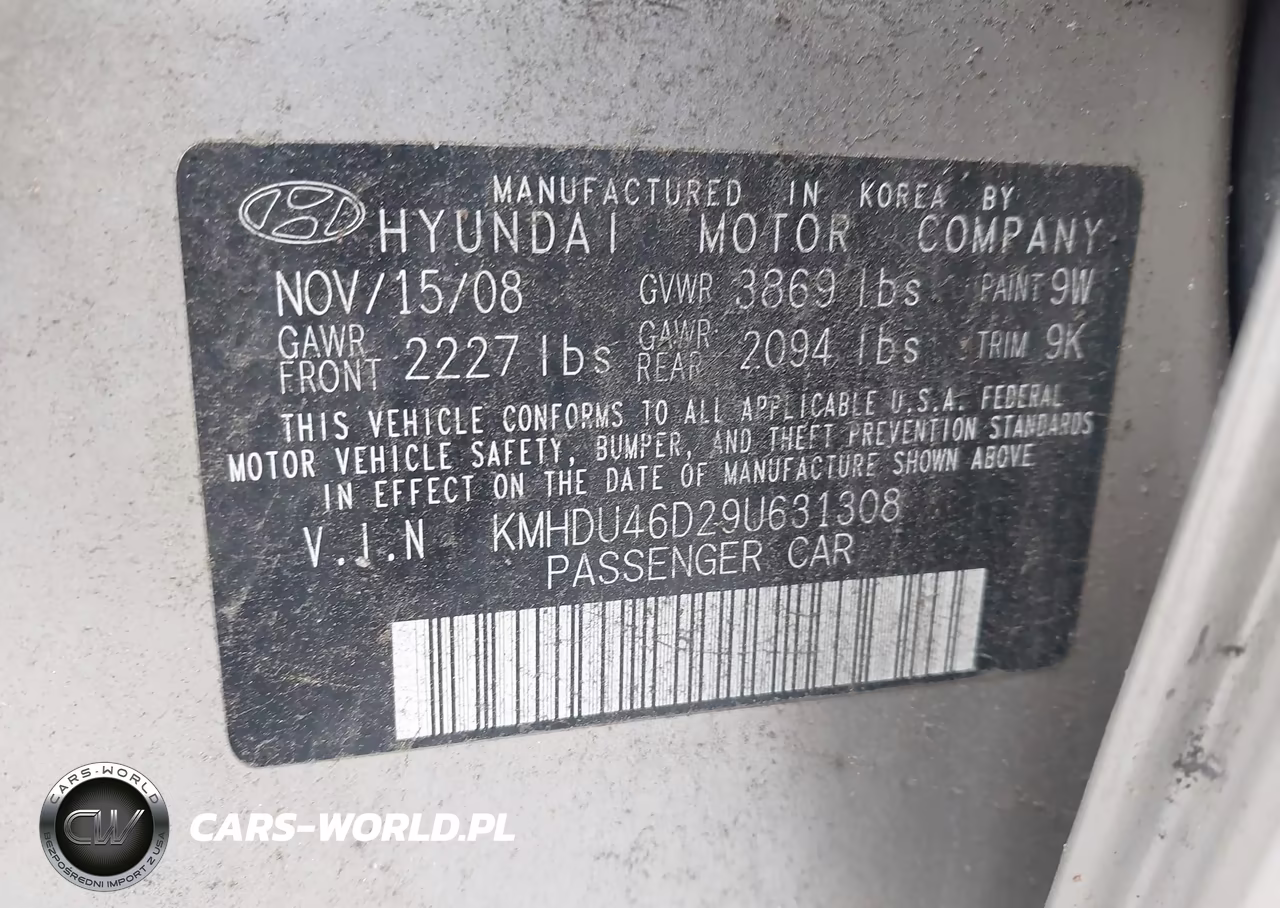 2009 Hyundai Elantra Gls VIN:KMHDU46D29U631308 - 9