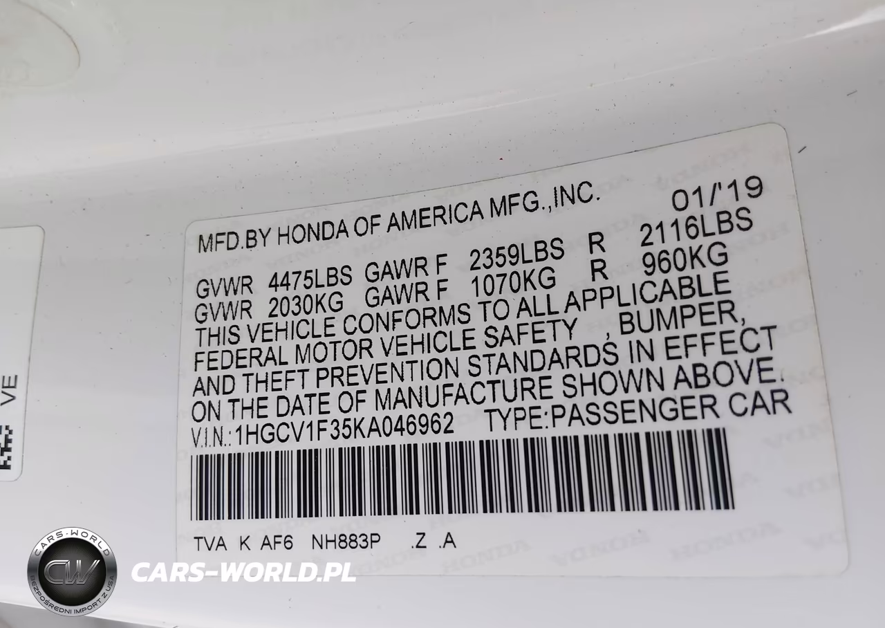 2019 Honda Accord Sport VIN:1HGCV1F35KA046962 - 9