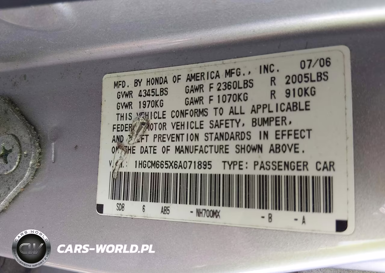 2006 Honda Accord 3.0 Ex VIN:1HGCM665X6A071895 - 9
