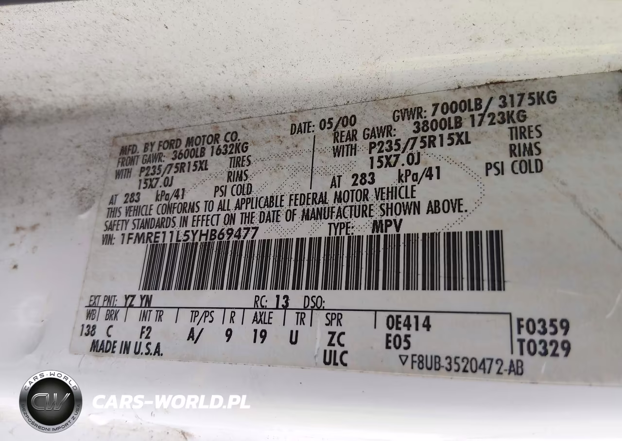 2000 Ford E-150 Xl-Xlt VIN:1FMRE11L5YHB69477 - 9