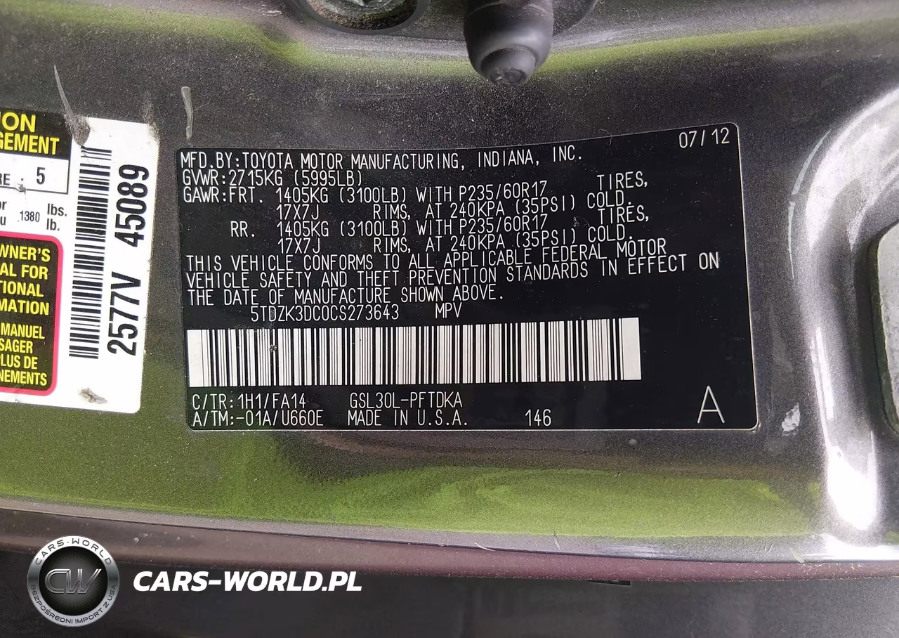 2012 Toyota Sienna Base V6 7 Passenger VIN:5TDZK3DC0CS273643 - 9