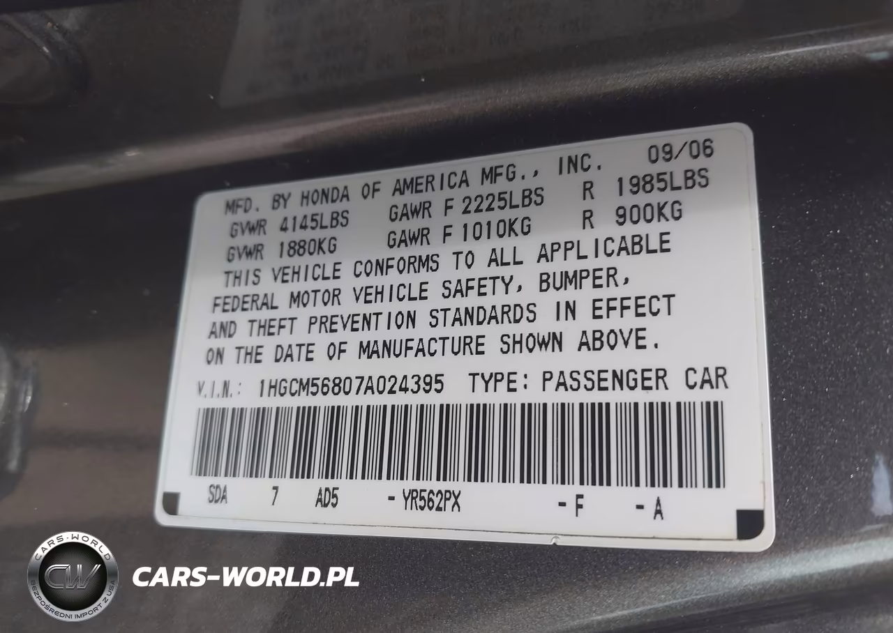 2007 Honda Accord 2.4 Ex VIN:1HGCM56807A024395 - 9