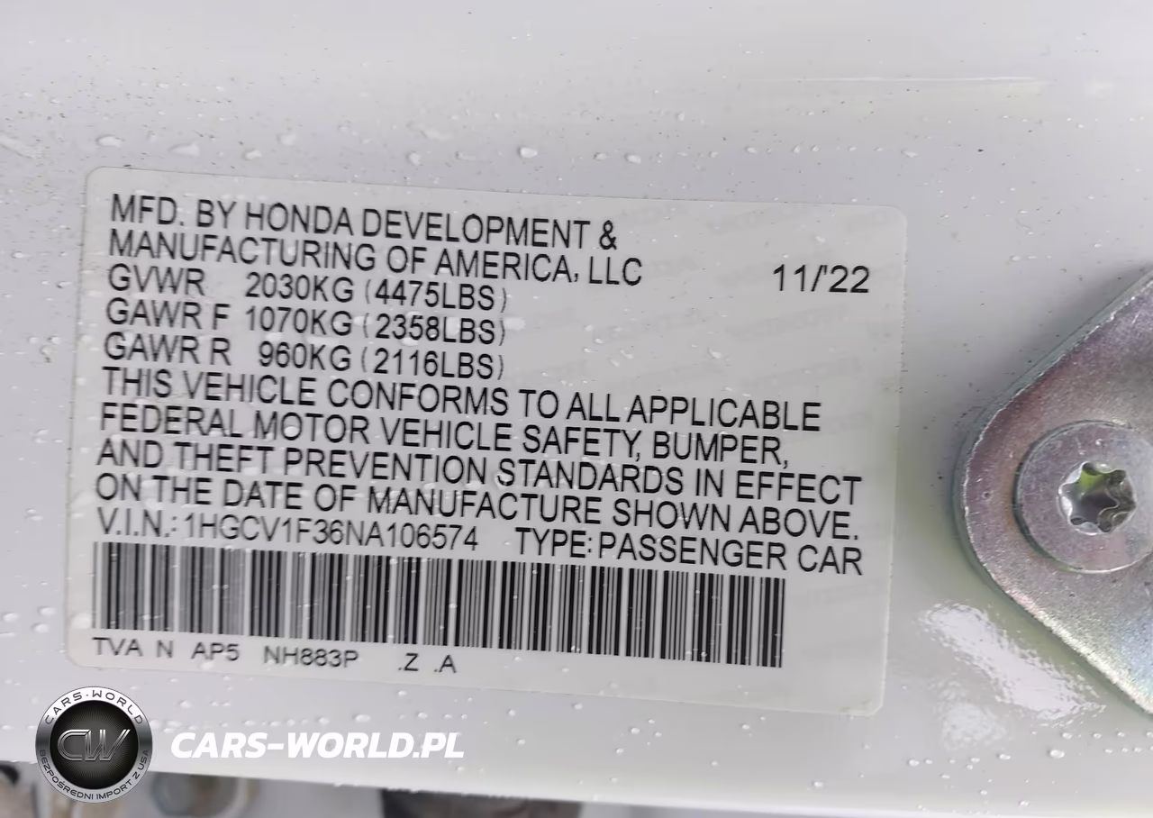 2022 Honda Accord Sport VIN:1HGCV1F36NA106574 - 9