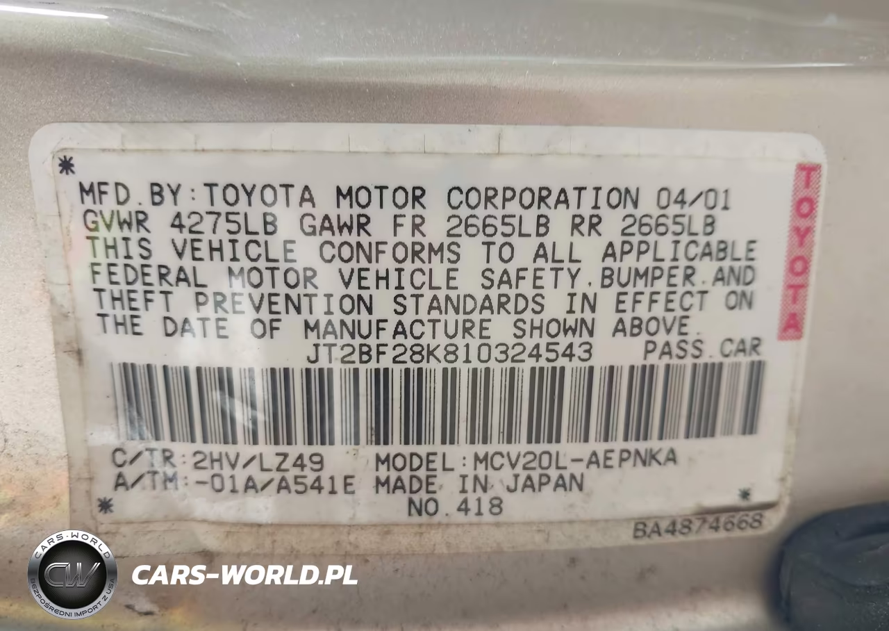 2001 Toyota Camry Le V6 VIN:JT2BF28K810324543 - 9