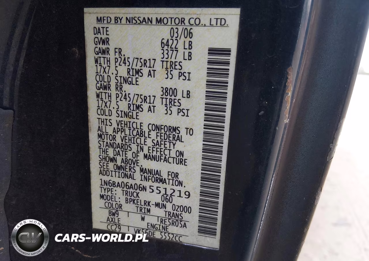 2006 Nissan Titan Xe VIN:1N6BA06A06N551219 - 9