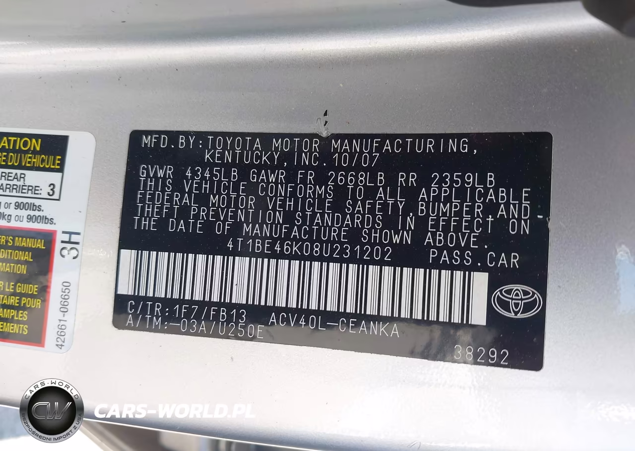 2008 Toyota Camry Le VIN:4T1BE46K08U231202 - 9