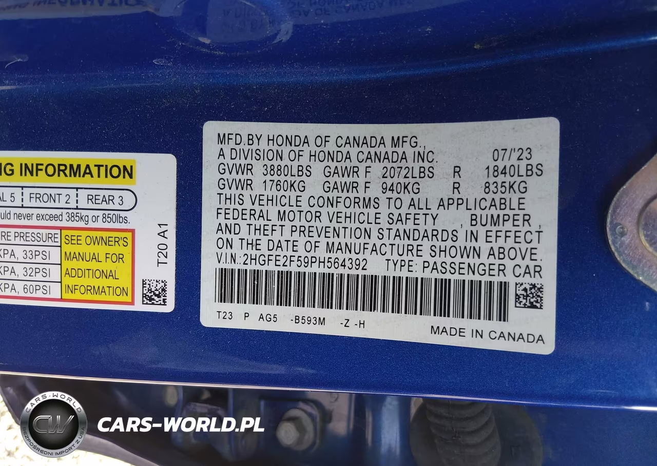 2023 Honda Civic Sport VIN:2HGFE2F59PH564392 - 9