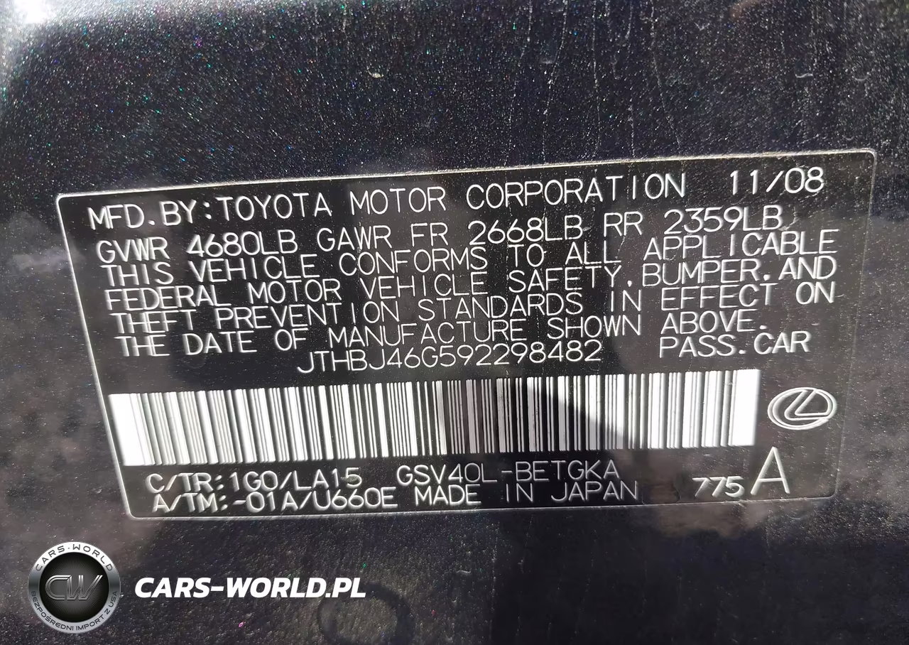 2009 Lexus Es 350 VIN:JTHBJ46G592298482 - 9
