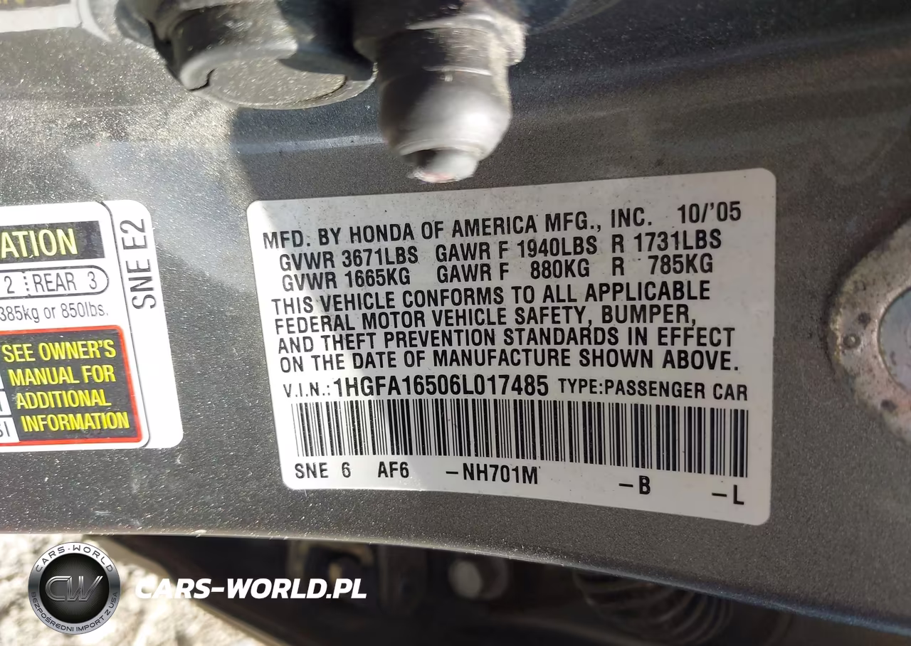 2006 Honda Civic Lx VIN:1HGFA16506L017485 - 9