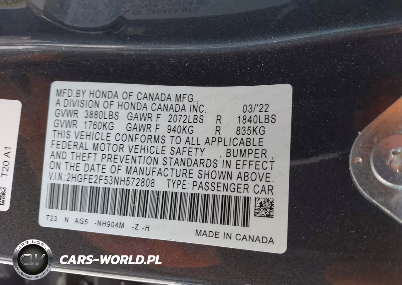 2022 Honda Civic Sport VIN:2HGFE2F53NH572808 - 9