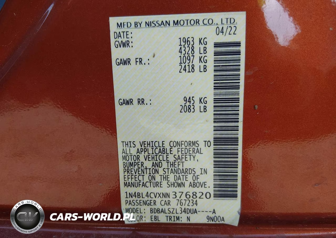 2022 Nissan Altima Sr Fwd VIN:1N4BL4CVXNN376820 - 9