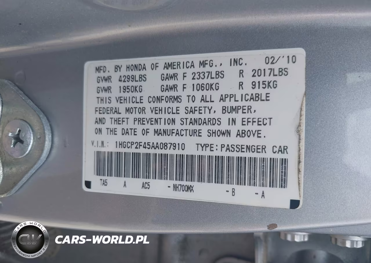 2010 Honda Accord 2.4 Lx-P VIN:1HGCP2F45AA087910 - 9