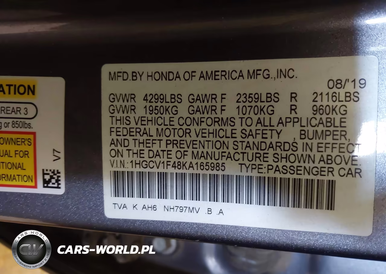 2019 Honda Accord Ex VIN:1HGCV1F48KA165985 - 9