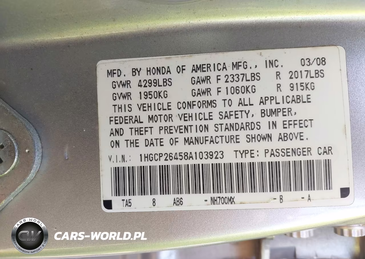 2008 Honda Accord 2.4 Lx-P VIN:1HGCP26458A103923 - 9