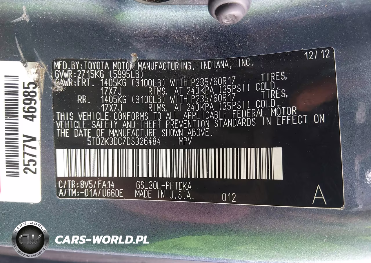 2013 Toyota Sienna L V6 7 Passenger VIN:5TDZK3DC7DS326484 - 9