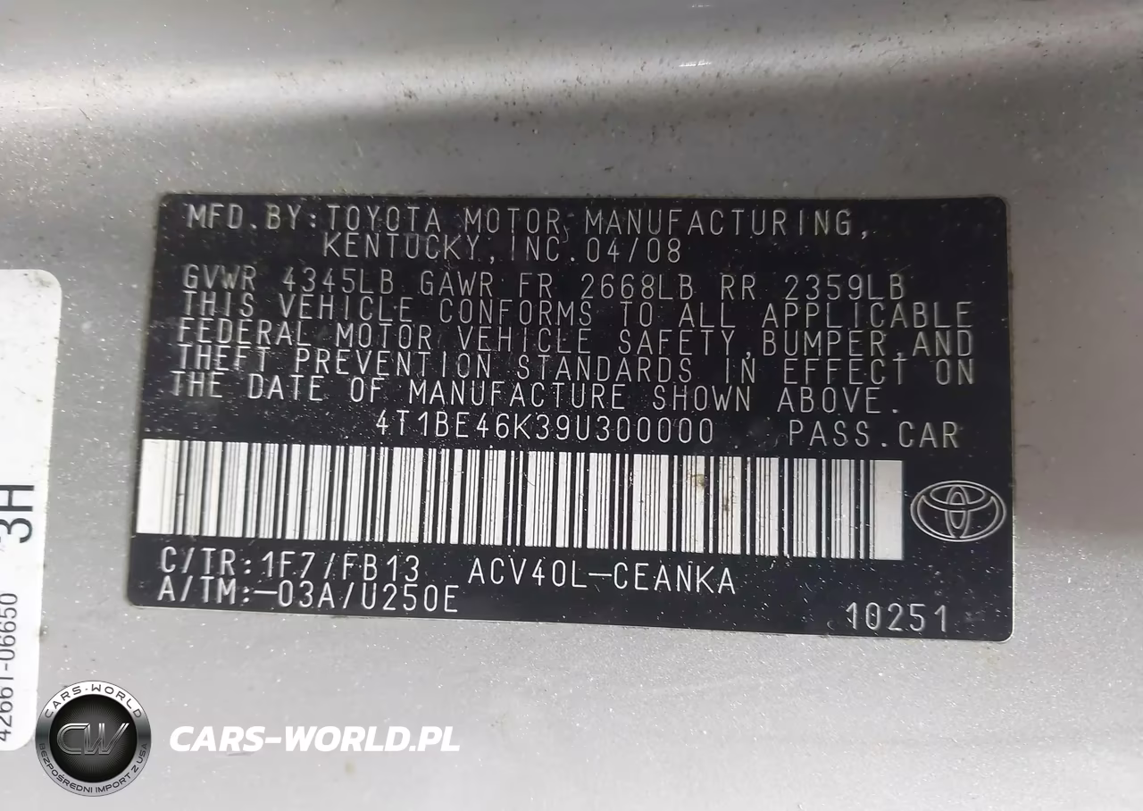 2009 Toyota Camry VIN:4T1BE46K39U300000 - 9