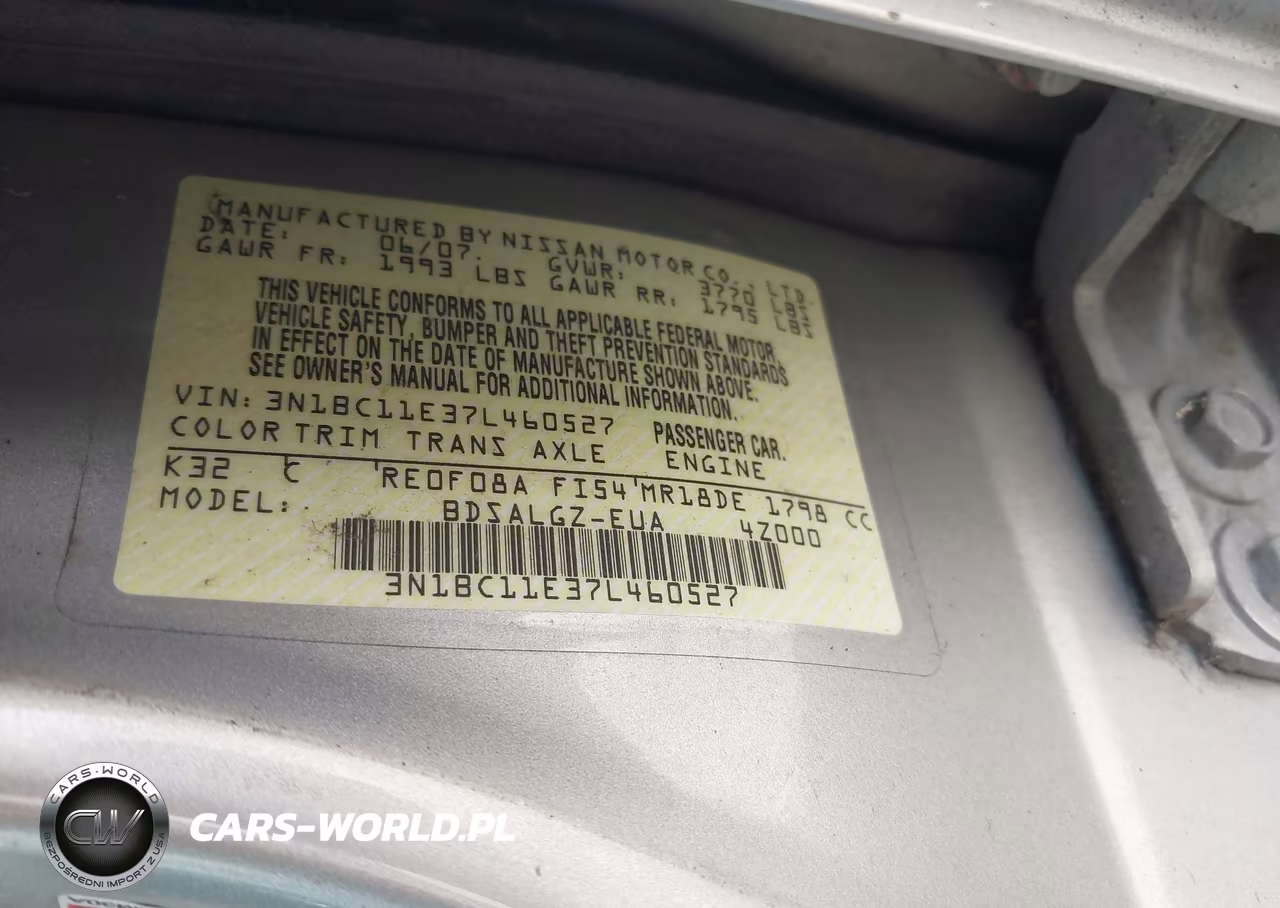 2007 Nissan Versa 1.8Sl VIN:3N1BC11E37L460527 - 9