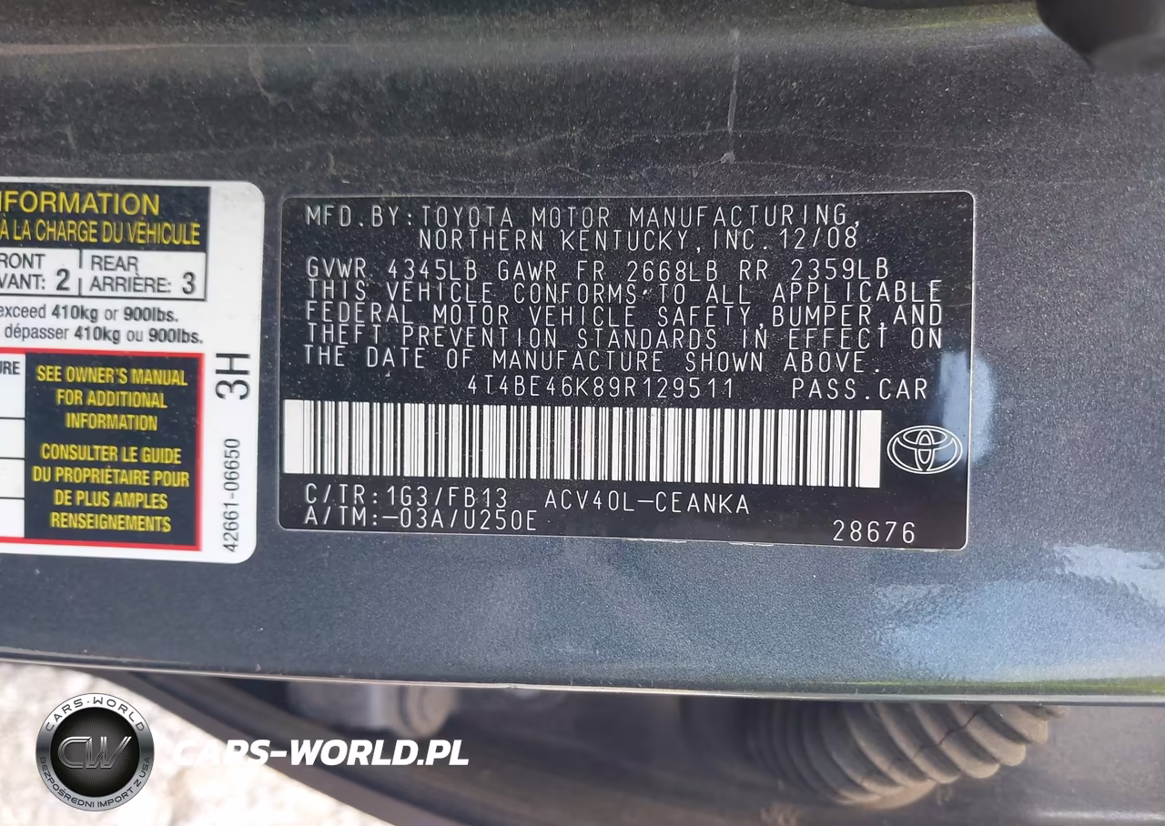 2009 Toyota Camry Le VIN:4T4BE46K89R129511 - 9