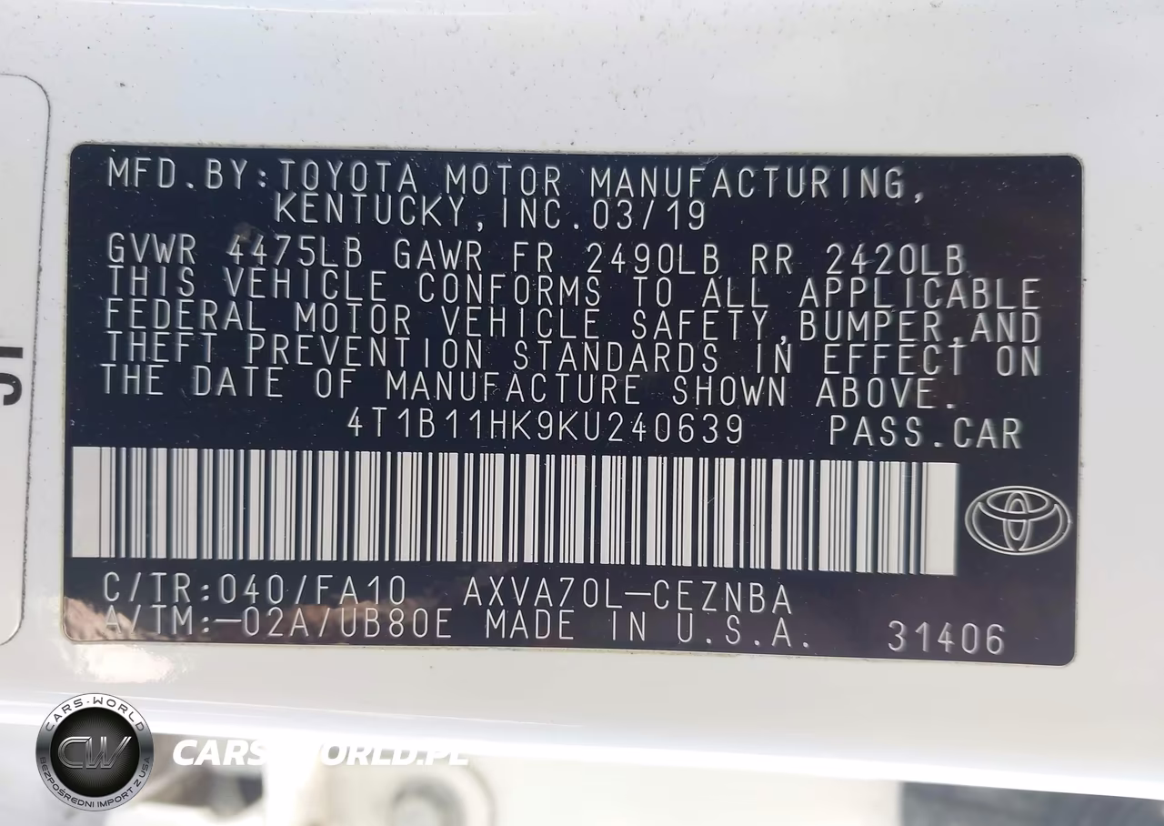 2019 Toyota Camry Le VIN:4T1B11HK9KU240639 - 9