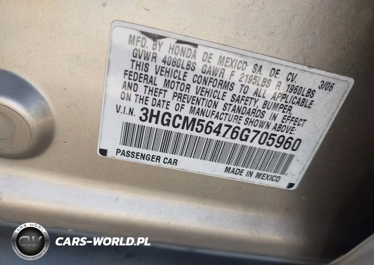 2006 Honda Accord 2.4 Lx VIN:3HGCM56476G705960 - 9
