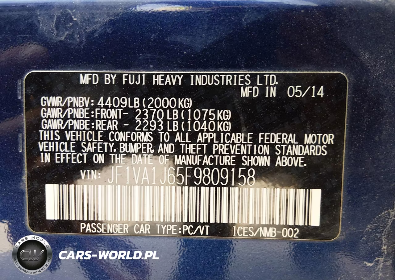 2015 Subaru Wrx Limited VIN:JF1VA1J65F9809158 - 9