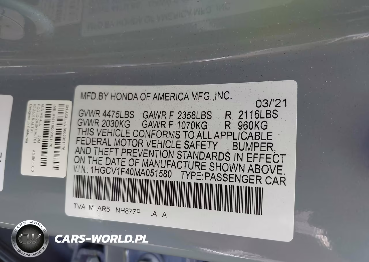 2021 Honda Accord Sport Special Edition VIN:1HGCV1F40MA051580 - 9
