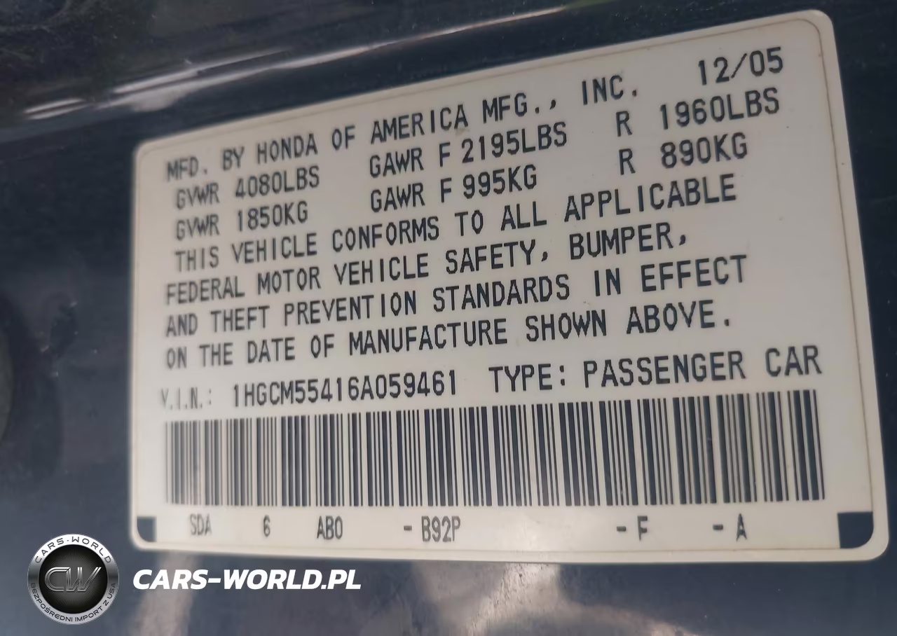 2006 Honda Accord 2.4 Lx VIN:1HGCM55416A059461 - 9