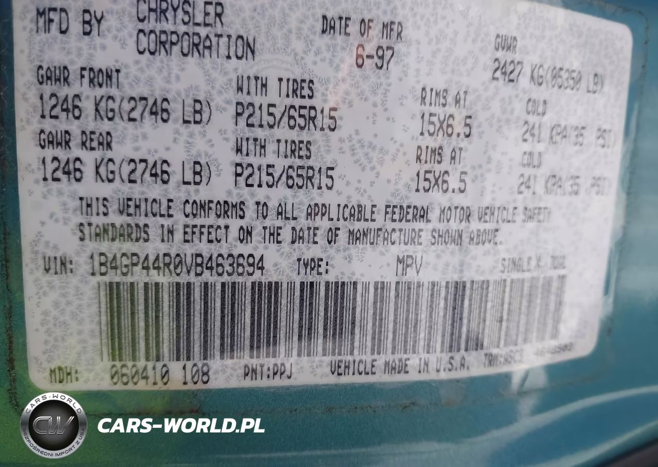 1997 Dodge Caravan Se VIN:1B4GP44R0VB463694 - 9
