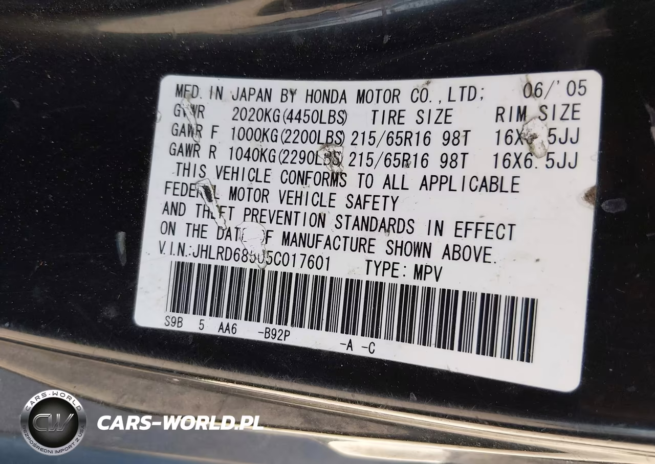 2005 Honda Cr-V Lx VIN:JHLRD68505C017601 - 9