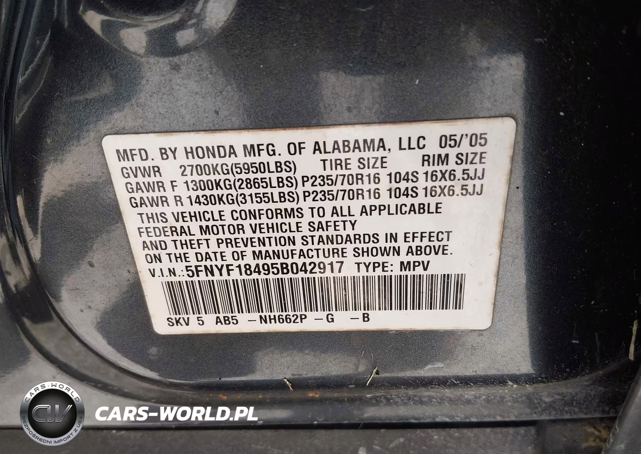 2005 Honda Pilot Ex VIN:5FNYF18495B042917 - 9