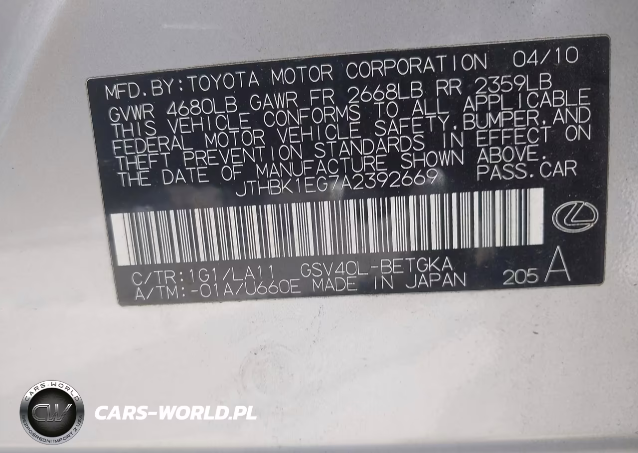 2010 Lexus Es 350 VIN:JTHBK1EG7A2392669 - 9