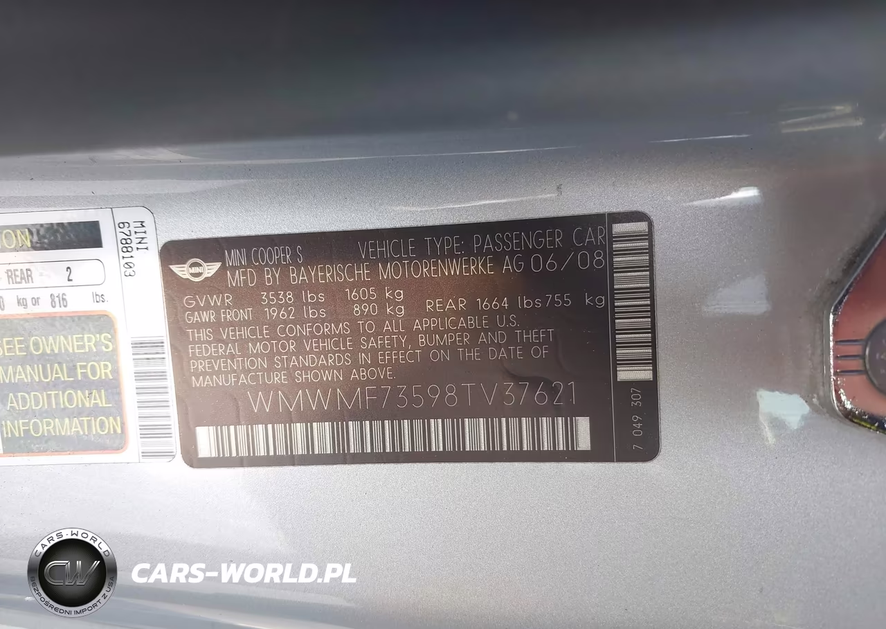 2008 Mini Cooper S VIN:WMWMF73598TV37621 - 9