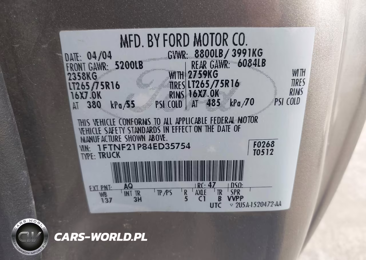 2004 Ford F-250 Xl-Xlt VIN:1FTNF21P84ED35754 - 9
