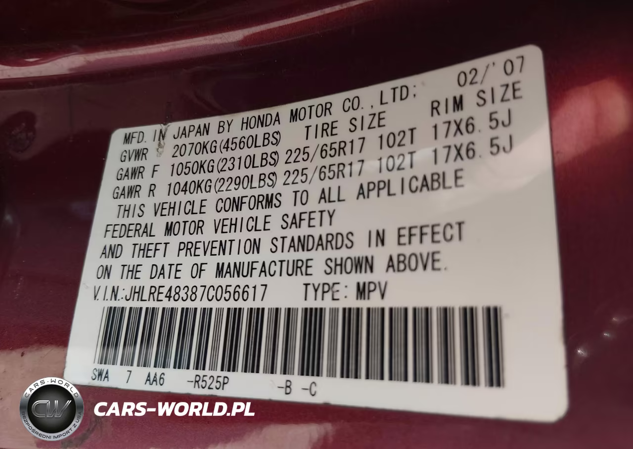 2007 Honda Cr-V Lx VIN:JHLRE48387C056617 - 9