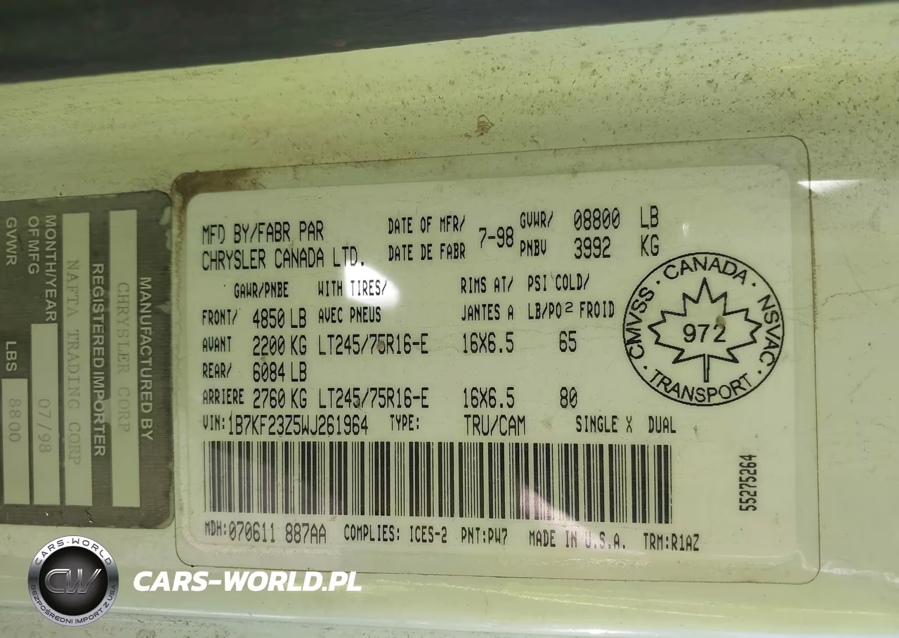 1998 Dodge Ram 2500 St VIN:1B7KF23Z5WJ261964 - 9