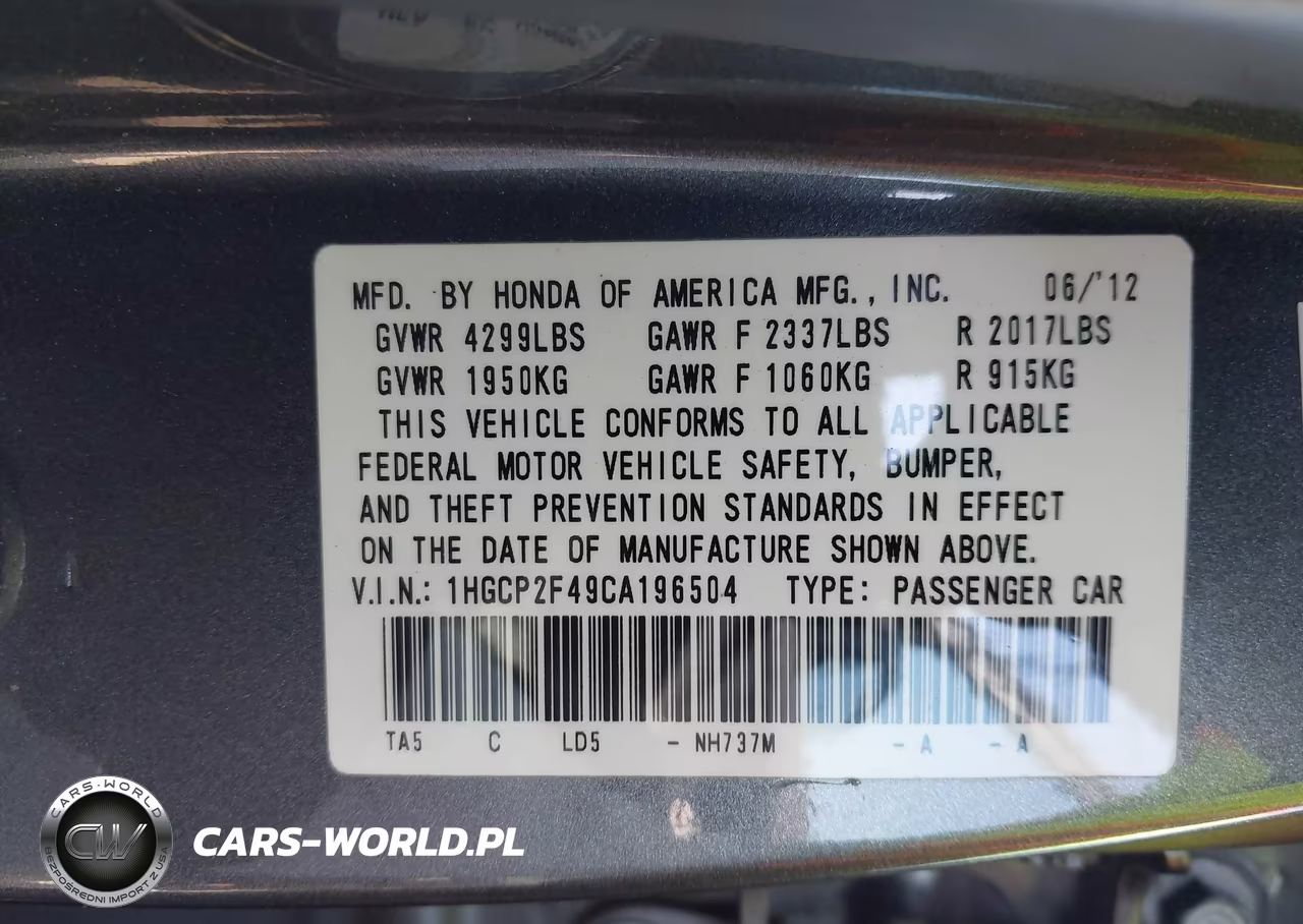 2012 Honda Accord 2.4 Lx-P VIN:1HGCP2F49CA196504 - 9