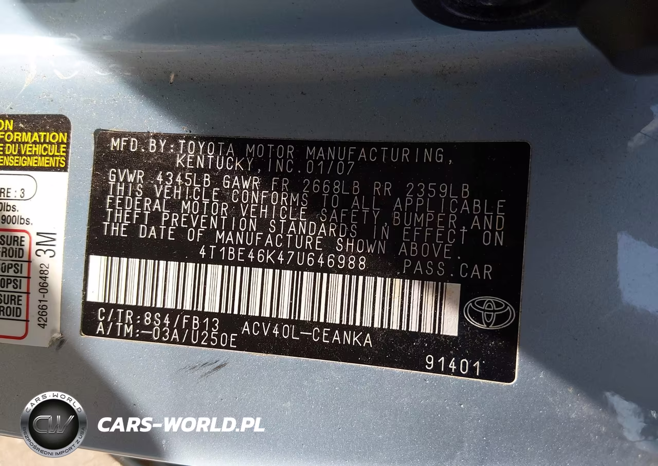 2007 Toyota Camry Le VIN:4T1BE46K47U646988 - 9