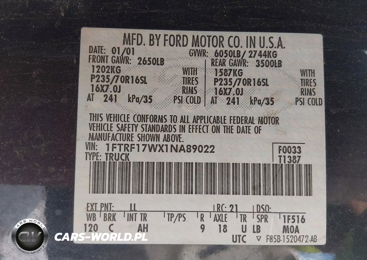 2001 Ford F-150 Xl-Xlt VIN:1FTRF17WX1NA89022 - 9